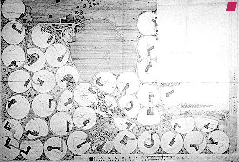 'Parkwyn Village' Lageplan, Kalamazoo, Michigan, 1947 von Frank Lloyd Wright aus 'Frank Lloyd Wright: Die lebendige Stadt' herausgegeben von David G. De Long, veröffentlicht vom Vitra Design Museum, Weil am Rhein / Skira editore, Milan, 1998