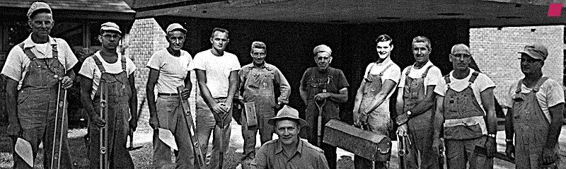 Craftsmen working on the Carroll Alsop House [photograph by Hedrich-Blessing 1958, detail] taken from 'Frank Lloyd Wright  1943-1959: The Complete Works' [Volume 3] by Bruce Brooks Pfeiffer, edited by Peter Gössel, published by Taschen 2009