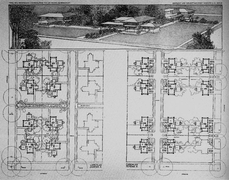 'Quadruple Block Plan' 1903 (Quadruple Block Schema A, B) von Frank Lloyd Wright aus 'FRANK LLOYD WRIGHT: DIE LEBENDIGE STADT' herausgegeben von David G. De Long, veröffentlicht von Vitra Design Museum, Weil am Rhein / Skira editore, Milan, 1998