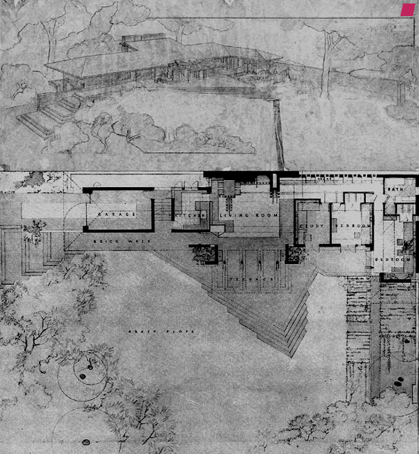 'Malcolm Willey Haus', Minneapolis - 1933 - 1934, von Frank Lloyd Wright aus 'The Drawings of Frank Lloyd Wright' von Arthur Drexler - 1962