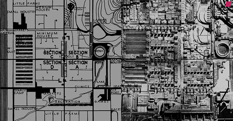 'Broadacre City' Modellplan 1945 und 'Broadacre City' Modell 1934 - 35 von Frank Lloyd Wright, aus 'Frank Lloyd Wright' von Bruno Zevi veröffentlicht von Zanichelli Editore Bologna, 1994 [Erstveröffentlichung 1979]