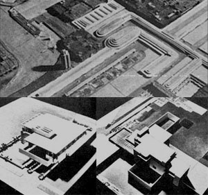 Marktplatz, typische Häuser 'Broadacre City' Modell 1934 - 35, von Frank Lloyd Wright aus 'Frank Lloyd Wright' von Bruno Zevi, veröffentlicht bei Zanichelli Editore Bologna, 1994 [Erstveröffentlichung 1979]