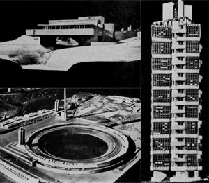 Vertikales Wohnen 'Broadacre City' Modell 1934 - 35 von Frank Lloyd Wright, aus 'Urban Utopias in the Twentieth Century: Ebenezer Howard, Frank Lloyd Wright, and Le Corbusier' von Robert Fishman, veröffentlicht von  Basic Books, New York 1977