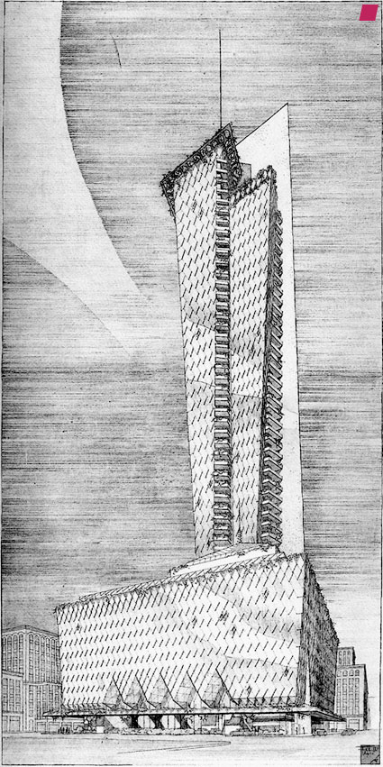 'Rogers Lacy Hotel' Perspektive - 1946, von Frank Lloyd Wright, aus 'Frank Lloyd Wright: Die lebendige Stadt' herausgegeben von David G. De Long, veröffentlicht vom Vitra Design Museum, Weil am Rhein / Skira editore, Milan, 1998