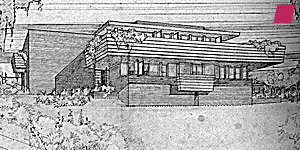 'Malcolm Willey Haus', erster Entwurf - 1932, von Frank Lloyd Wright, aus 'The Essential Frank Lloyd Wright: Critical Writings on Architecture' Herausgeber Bruce Brooks Pfeiffer, veröffentlicht bei Princeton University Press 2008