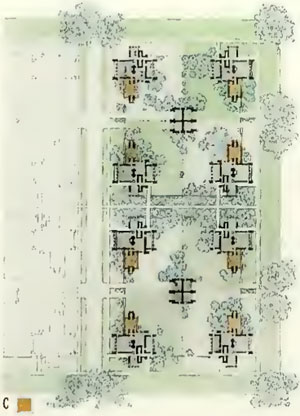 'NON-COMPETITIVE PLAN' von Frank Lloyd Wright (Quadruple Block Schema C) | Chicago City Club Wettbewerb 1913 | 'City Residential Land Development: Studies in Planning: Competitive Plans for Subdividing a Typical Quarter Section of Land in the Outskirts of Chicago', herausgegeben von Alfred B. Yeomans, veröffentlicht von The University of Chicago Press, 1916