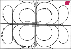 'RAILWAY SYSTEM: SUBURBAN AND MAIN LINES' aus 'The City of To-morrow and Its Planning [Urbanisme]' von Le Corbusier, veröffentlicht von J. Rodker, 1987 [Erstveröffentlichung 1925]